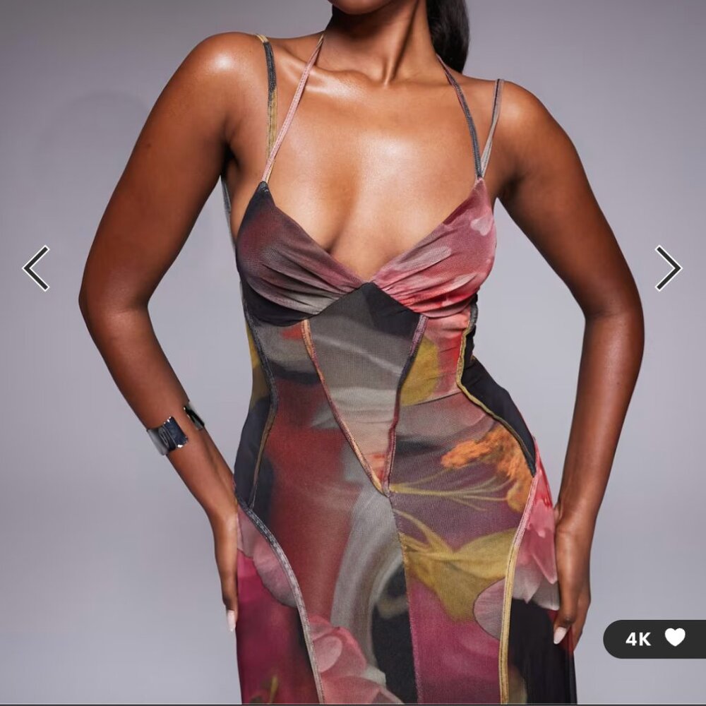 NWT ASOS DESIGN printed mesh maxi dress with exposed seam pink floral print